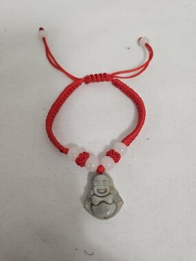 Red Cord Bracelet with Laughing Buddha Charm and Rose Quartz Beads